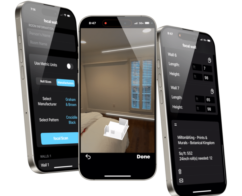 Screenshot of the 'Focal Wall' LiDAR measuring app showcasing focal scan technology.