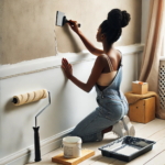 A lady prepping her walls for wallpaper installation