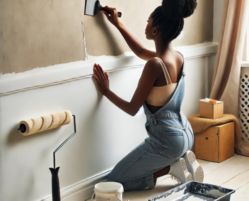 A lady prepping her walls for wallpaper installation